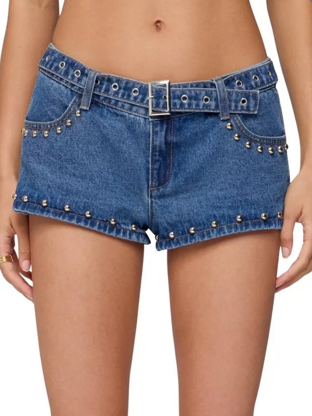 Studded Denim Micro Shorts - Blue
